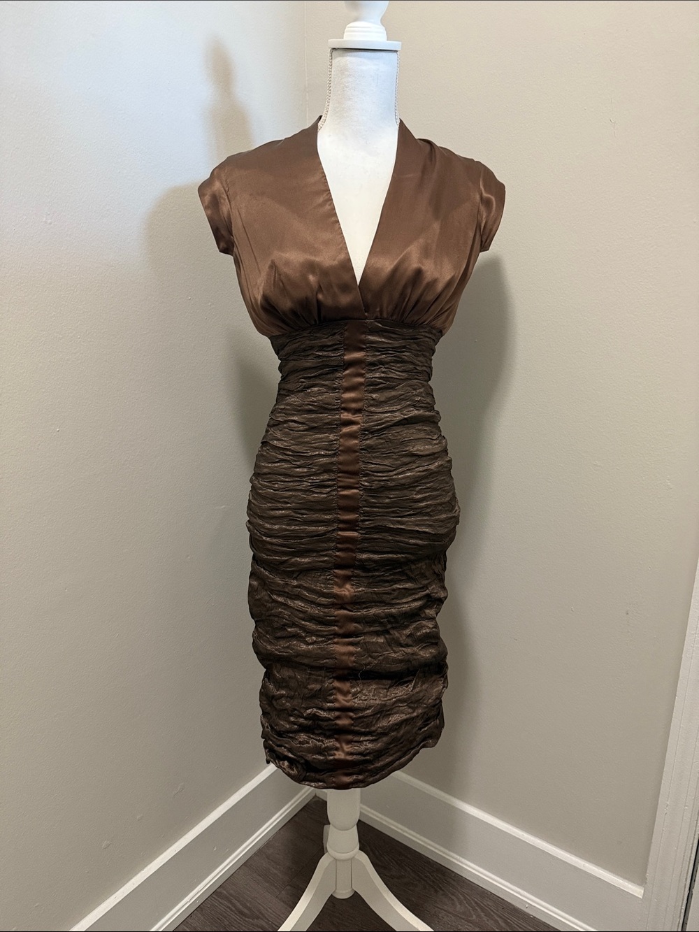 Nicole Miller Brown Satin Ruched Midi Dress
